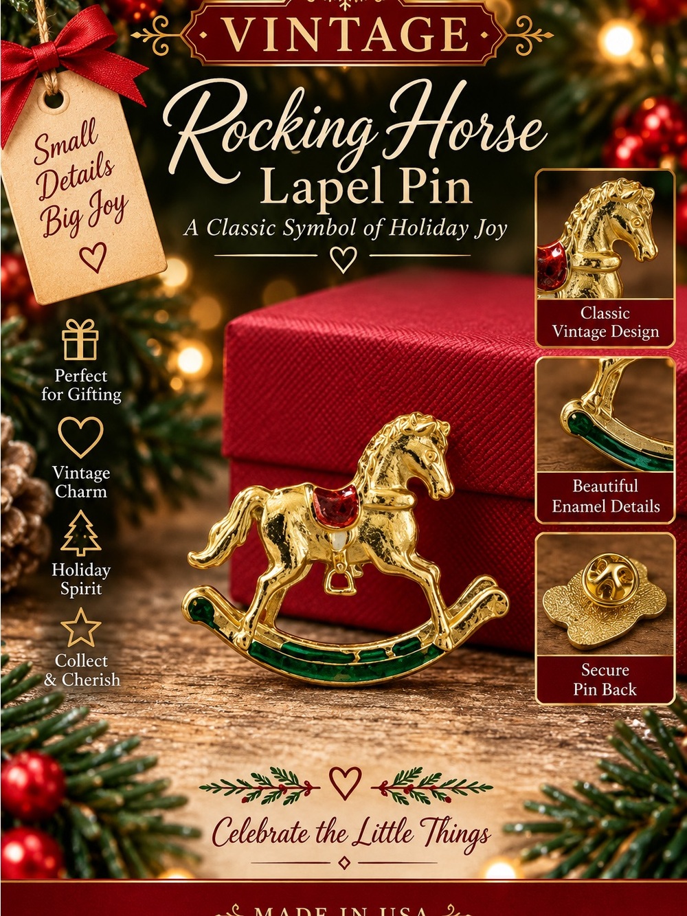 Vintage Rocking Horse Lapel Pin - Gold with Red & Green Enamel